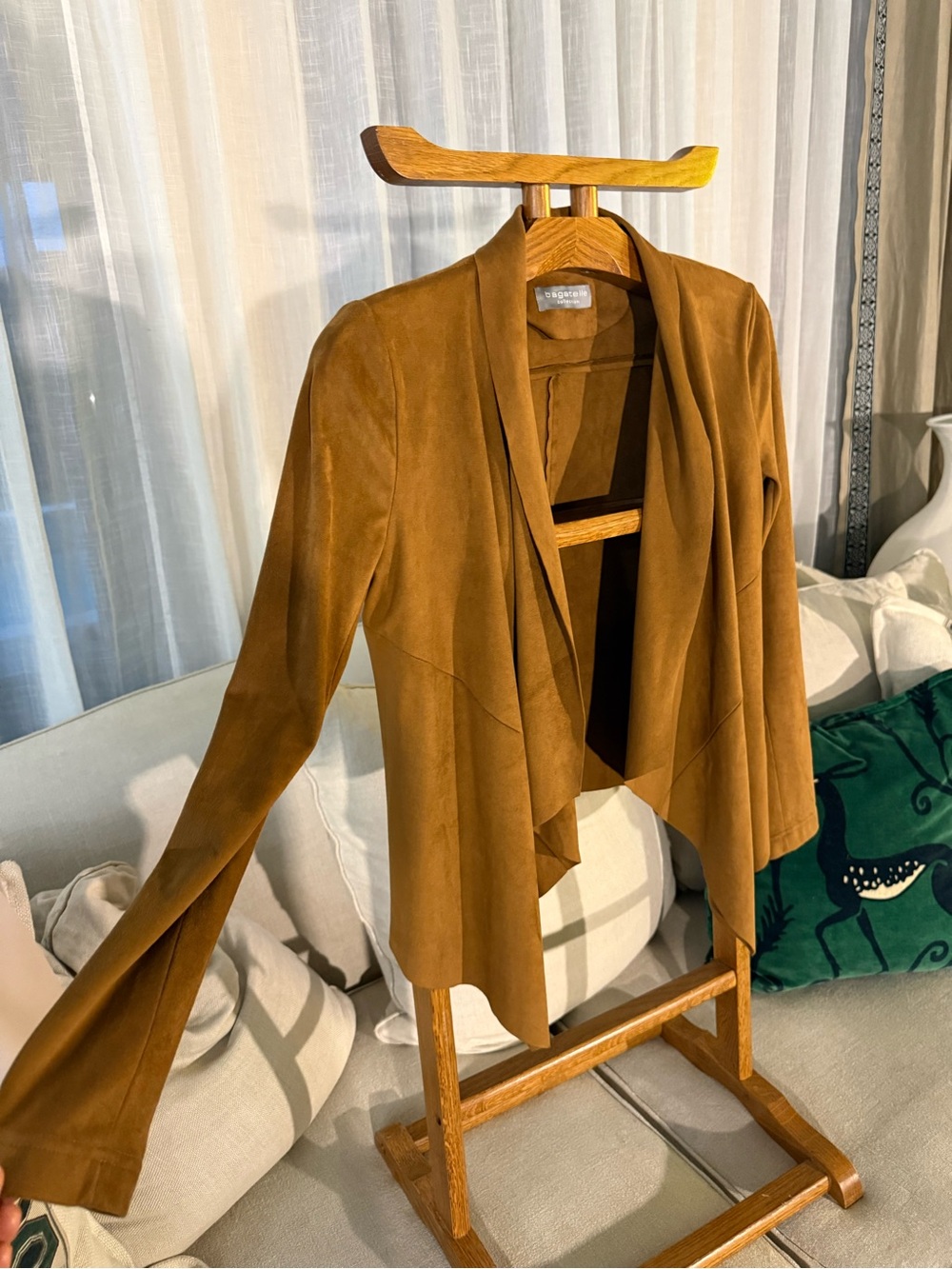 bagatelle Suede-Look Open Front Blazer in Camel Brown
